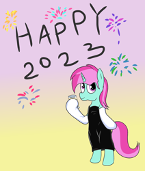 Size: 2200x2600 | Tagged: safe, artist:amateur-draw, imported from derpibooru, oc, oc only, oc:belle boue, pony, unicorn, black dress, clothes, crossdressing, dress, evening gloves, glasses, gloves, gradient background, happy new year, happy new year 2023, holiday, long gloves, male, solo, stallion