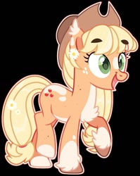 Size: 1074x1348 | Tagged: safe, artist:kreedie, imported from derpibooru, applejack, earth pony, pony, base used, black background, female, freckles, hat, mare, open mouth, raised hoof, simple background, smiling, solo, unshorn fetlocks
