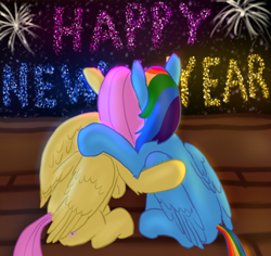 Size: 1032x973 | Tagged: safe, artist:callichrome, imported from derpibooru, fluttershy, rainbow dash, pegasus, pony, 2023, female, fireworks, flutterdash, folded wings, happy new year, happy new year 2023, holiday, hug, lesbian, night, shipping, stars, wings
