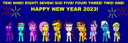 Size: 2454x832 | Tagged: safe, imported from derpibooru, applejack, derpy hooves, fluttershy, pinkie pie, rainbow dash, rarity, starlight glimmer, sunset shimmer, trixie, twilight sparkle, 2023, alternate mane seven, blue background, fireworks, happy new year, happy new year 2023, holiday, looking up, mane six, simple background