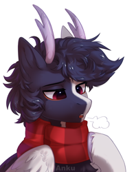 Size: 1900x2400 | Tagged: safe, artist:anku, imported from derpibooru, oc, oc only, pegasus, pony, bust, clothes, horns, male, open mouth, portrait, scarf, simple background, solo, striped scarf, white background
