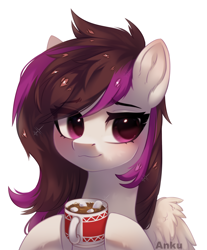 Size: 1900x2296 | Tagged: safe, artist:anku, imported from derpibooru, oc, oc only, pegasus, pony, bust, chocolate, cup, ear cleavage, female, food, hoof hold, hot chocolate, mare, marshmallow, mug, pegasus oc, portrait, simple background, smiling, solo, white background