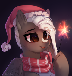 Size: 1900x1984 | Tagged: safe, artist:anku, imported from derpibooru, oc, oc only, pegasus, pony, bust, clothes, female, mare, open mouth, pegasus oc, portrait, scarf, simple background, solo, striped scarf