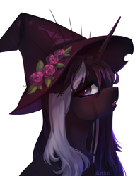 Size: 1900x2400 | Tagged: safe, artist:anku, imported from derpibooru, oc, pony, unicorn, bust, clothes, female, hat, horn, mare, open mouth, portrait, scarf, simple background, solo, unicorn oc, white background, witch hat