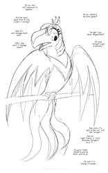 Size: 1250x2000 | Tagged: safe, artist:runningtoaster, imported from derpibooru, twilight sparkle, phoenix, beak, dialogue, eyelashes, female, implied applejack, implied fluttershy, implied pinkie pie, implied rainbow dash, implied rarity, lineart, offscreen character, open beak, open mouth, perching, requested art, simple background, sketch, species swap, speech change, spell gone wrong, transformation, white background