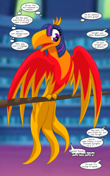 Size: 1250x2000 | Tagged: safe, alternate version, artist:runningtoaster, imported from derpibooru, twilight sparkle, phoenix, beak, colored, dialogue, eyelashes, female, implied applejack, implied fluttershy, implied pinkie pie, implied rainbow dash, implied rarity, library, offscreen character, open beak, open mouth, perching, species swap, speech bubble, speech change, spell gone wrong, thought bubble, transformation, twilight's castle, twilight's castle library