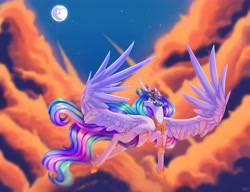 Size: 5736x4400 | Tagged: safe, artist:honeybbear, imported from derpibooru, princess celestia, alicorn, pony, cloud, flying, large wings, looking back, mare in the moon, moon, solo, spread wings, wings