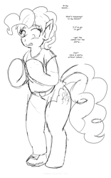 Size: 1250x2000 | Tagged: safe, artist:runningtoaster, imported from derpibooru, pinkie pie, earth pony, human, pony, clothes, human to pony, lineart, male to female, mental shift, mid-transformation, mismatched eyes, monochrome, pants, requested art, rule 63, shoes, simple background, sketch, solo, species swap, talking, transformation, transgender transformation, white background