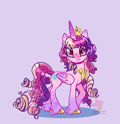 Size: 2306x2377 | Tagged: safe, artist:sugarponie, imported from derpibooru, princess cadance, alicorn, pony, alternate hairstyle, concave belly, crown, eyelashes, female, gray background, hoof polish, jewelry, mare, regalia, simple background, slim, smiling, smirk, solo, thin, unshorn fetlocks