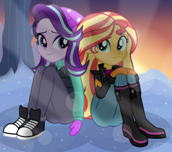 Size: 6800x6000 | Tagged: safe, artist:emeraldblast63, imported from derpibooru, starlight glimmer, sunset shimmer, human, equestria girls, ass, butt, clothes, converse, duo, duo female, female, happy new year, holiday, looking at you, shoes, sitting, smiling, snow, sunrise, sunset, tree, winter, winter outfit