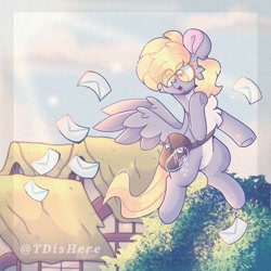 Size: 1024x1024 | Tagged: source needed, safe, artist:tdishere, imported from derpibooru, derpy hooves, pegasus, pony, bag, chest fluff, eye clipping through hair, female, flying, happy, letter, mailbag, mailmare, mare, open mouth, solo, white belly