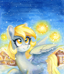 Size: 650x755 | Tagged: safe, artist:maytee, imported from derpibooru, derpy hooves, pegasus, pony, night, snow, solo, winter