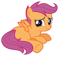 Size: 5136x5000 | Tagged: safe, alternate version, artist:parfait, editor:saru, ponerpics exclusive, scootaloo, pegasus, pony, female, filly, looking at you, looking back, lying down, show accurate, smiling, solo, solo female
