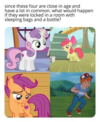 Size: 1126x1382 | Tagged: safe, imported from twibooru, screencap, apple bloom, danny williams, scootaloo, sweetie belle, earth pony, human, pegasus, pony, unicorn, friendship is magic, my little pony 'n friends, on your marks, the great rainbow caper, the show stoppers, children, female, filly, g1, g4, image, male, needs more jpeg, sleepover