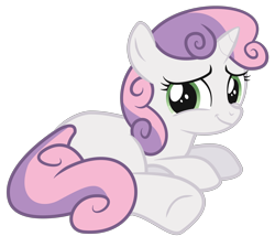 Size: 5144x4616 | Tagged: safe, alternate version, artist:parfait, editor:saru, ponerpics exclusive, sweetie belle, pony, unicorn, female, filly, looking at you, looking back, lying down, show accurate, smiling, solo, solo female