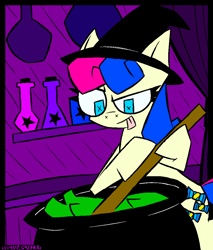 Size: 1692x1986 | Tagged: safe, artist:xxv4mp_g4z3rxx, imported from derpibooru, bon bon, sweetie drops, earth pony, pony, blue eyes, cauldron, curtains, female, hat, mare, pan, pot, potion, shelf, solo, tail, tongue out, two toned mane, two toned tail, witch, witch hat