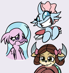 Size: 1420x1496 | Tagged: safe, artist:derp pone, derpibooru exclusive, imported from derpibooru, ocellus, silverstream, yona, changedling, changeling, hippogriff, yak, cute, expressions, faic, female, grin, monkey swings, reference, sad, smiling, smug, trio, wide smile