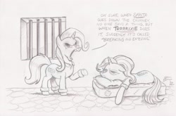 Size: 2668x1760 | Tagged: safe, artist:mellodillo, imported from derpibooru, starlight glimmer, trixie, pony, unicorn, bed, clothes, commission, dialogue, duo, female, grayscale, lying down, mare, monochrome, open mouth, pencil drawing, prison, prison bars, prison outfit, prisoner sg, prisoner tx, starlight glimmer is not amused, traditional art, unamused