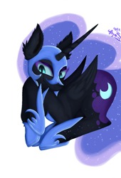 Size: 948x1395 | Tagged: safe, artist:4agonism, imported from derpibooru, part of a set, nightmare moon, alicorn, pony, antagonist, ear fluff, ethereal mane, female, folded wings, full body, glowing, glowing eyes, hip, horn, jewelry, looking sideways, lying down, mare, moonbutt, prone, raised hooves, regalia, simple background, smiling, smirk, solo, translucent mane, villainess, white background, wings