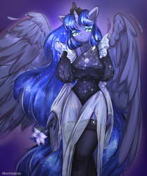 Size: 1756x2098 | Tagged: safe, artist:blueomlette, imported from derpibooru, princess luna, alicorn, anthro, alternate hairstyle, big breasts, blue eyes, breasts, clothes, crown, dress, eyebrows, eyelashes, eyeshadow, female, flower, garter belt, garters, hips, horn, jewelry, lidded eyes, lily (flower), looking at you, makeup, pegasus wings, regalia, see-through, smiling, socks, solo, stockings, tail, thigh highs, thighs, wings