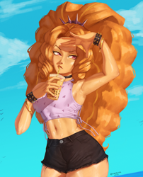 Size: 2000x2480 | Tagged: safe, artist:nire, imported from derpibooru, adagio dazzle, human, equestria girls, armpits, belly button, breasts, bubble tea, choker, clothes, cloud, drink, eyeshadow, lipstick, makeup, midriff, nail polish, reasonably sized breasts, shorts, sideboob, sleeveless, spiked headband, spiked wristband, sweat, thighs, wide hips, wristband