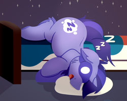 Size: 1768x1404 | Tagged: safe, artist:rhythmpixel, imported from derpibooru, oc, oc only, oc:snoozy stroll, pony, unicorn, bed, commission, male, onomatopoeia, sleep mask, sleeping, solo, sound effects, stallion, zzz