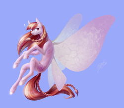 Size: 4000x3500 | Tagged: safe, artist:jehr, imported from derpibooru, oc, oc only, butterfly, fly, insect, moth, pegasus, air, blue background, flying, pink, simple background, sky, solo, trade