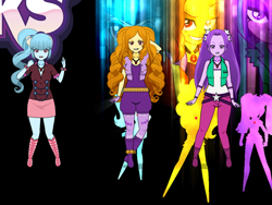 Size: 800x600 | Tagged: safe, imported from derpibooru, adagio dazzle, aria blaze, sonata dusk, human, equestria girls, belt, black background, boots, clothes, cowboy boots, denim, jacket, jeans, kisekae, loose hair, pants, shirt, shoes, simple background, skirt, the dazzlings