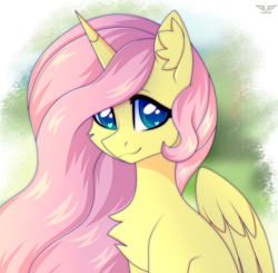 Size: 2350x2300 | Tagged: safe, artist:fluffywhirlpool, imported from derpibooru, fluttershy, alicorn, pony, alicornified, bust, chest fluff, cute, ear fluff, fluttercorn, folded wings, heart, heart eyes, long mane, looking at you, race swap, smiling, smiling at you, solo, wingding eyes, wings