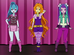 Size: 800x600 | Tagged: safe, artist:galaxylife567, imported from derpibooru, adagio dazzle, aria blaze, sonata dusk, human, equestria girls, belt, boots, clothes, cowboy boots, denim, hand on hip, jacket, jeans, kisekae, pants, shirt, shoes, skirt, the dazzlings, trio