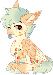 Size: 945x1340 | Tagged: safe, artist:mourningfog, imported from derpibooru, oc, oc only, oc:berry crunch, pegasus, pony, bandaid, chest fluff, ear fluff, simple background, solo, tongue out, transparent background