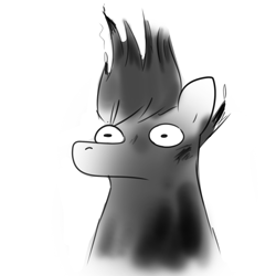 Size: 1584x1584 | Tagged: safe, artist:tjpones, imported from derpibooru, oc, oc only, oc:tjpones, earth pony, pony, black and white, burnt, bust, grayscale, male, monochrome, simple background, singed, smoke, solo, stallion, white background