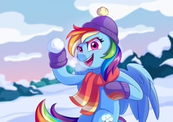 Size: 1754x1240 | Tagged: safe, artist:skysorbett, imported from derpibooru, rainbow dash, pegasus, pony, best gift ever, clothes, colored eyebrows, g4, open mouth, scarf, snow, snowball, snowball fight, solo, winter, winter outfit