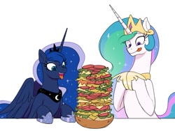 Size: 1233x927 | Tagged: safe, artist:moetempura, imported from derpibooru, princess celestia, princess luna, alicorn, pony, blondie (comic strip), bread, cheese, colored, crown, cute, cutelestia, dagwood sandwich, duo, ethereal mane, ethereal tail, eyelashes, food, height difference, herbivore, hoof shoes, hooves on the table, hooves together, hungry, imminent nom, jewelry, lettuce, licking, licking lips, long mane, looking at something, lunabetes, majestic as fuck, missing wing, open mouth, partially open wings, peytral, princess shoes, reference in the description, reference to another series, regalia, royal sisters, sandwich, sauce, siblings, simple background, sisters, sketch, slim, smiling, sparkles, starry mane, starry tail, table, tail, tall, this will end in weight gain, tomato, tongue out, wall of tags, white background, wings