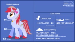 Size: 2029x1133 | Tagged: safe, artist:ponyrailartist, imported from derpibooru, oc, oc only, oc:cinnamon lightning, pony, unicorn, advertisement, commission info, plane, price sheet