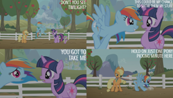 Size: 4400x2475 | Tagged: safe, edit, edited screencap, editor:quoterific, imported from derpibooru, screencap, applejack, spike, twilight sparkle, dragon, earth pony, pony, unicorn, the ticket master, apple, apple tree, confident, eyes closed, female, fence, grin, group, male, mare, open mouth, quartet, smiling, spread wings, sweet apple acres, tail, tail pull, tree, unicorn twilight, wings