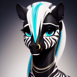 Size: 512x512 | Tagged: safe, imported from derpibooru, oc, oc only, zebra, ai content, ai generated, bust, female, generator:stable diffusion, jewelry, looking at you, necklace, nose piercing, nose ring, piercing, portrait, solo, zebra oc