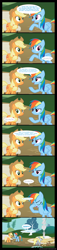 Size: 3978x17500 | Tagged: safe, artist:iamcommando13, imported from derpibooru, applejack, derpy hooves, rainbow dash, bird, duck, earth pony, pegasus, pony, 2012, behaving like a duck, bench, comic, derpy being derpy, duckling, facehoof, female, high res, mare, quack, scrunchy face, thumbnail is a stick