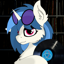 Size: 3659x3659 | Tagged: safe, artist:kotwitz, artist:voonko, derpibooru exclusive, imported from derpibooru, dj pon-3, vinyl scratch, pony, unicorn, alternate hairstyle, bust, chest fluff, ear fluff, floppy ears, glasses, holding, hoof fluff, lidded eyes, looking at you, one ear down, portrait, record, smiling, smiling at you, solo