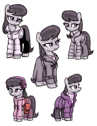 Size: 314x406 | Tagged: safe, artist:plunger, imported from derpibooru, octavia melody, earth pony, pony, angry, bag, bundled up, bundled up for winter, clothes, cute, female, headphones, jacket, mare, saddle bag, simple background, solo, tavibetes, white background, winter outfit