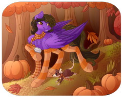 Size: 4994x4026 | Tagged: safe, artist:amazing-artsong, imported from derpibooru, oc, oc only, oc:hannah rainboom, mouse, pegasus, pony, absurd resolution, clothes, female, forest, leaves, mare, pumpkin, scarf, socks, solo, stockings, striped scarf, striped socks, thigh highs, tree
