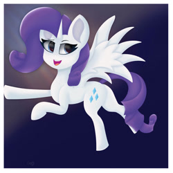 Size: 894x894 | Tagged: safe, artist:gaffy, imported from derpibooru, rarity, alicorn, pony, alicornified, flying, open mouth, race swap, raricorn, slim, solo