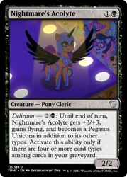 Size: 375x523 | Tagged: safe, edit, imported from derpibooru, nightmare moon, sunny starscout, alicorn, spoiler:g5, spoiler:my little pony: tell your tale, spoiler:tyts01e30, ccg, cosplay, costume, eyepatch, g5, lemon gear, magic the gathering, my little pony: tell your tale, nightmare moon armor, nightmare night costume, nightmare night party, nightmare sunny, plum library, runway, spotlight, trading card, trading card edit