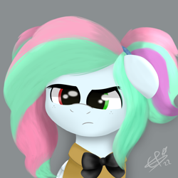 Size: 1500x1500 | Tagged: safe, artist:cobaltskies002, imported from derpibooru, oc, oc only, oc:cobalt skies, pegasus, bowtie, grumpy, heterochromia, multicolored hair, pegasus oc, pigtails, redesign, signature, simple background