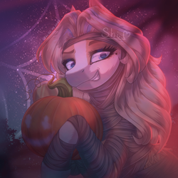 Size: 2000x2000 | Tagged: safe, artist:shidoodles, imported from derpibooru, oc, oc only, clothes, costume, female, halloween, holiday, jack-o-lantern, mummy, pumpkin, solo