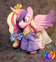 Size: 2304x2564 | Tagged: safe, artist:1stastrastudio, imported from derpibooru, princess cadance, alicorn, pony, clothes, commission, dress, horn, irl, jewelry, peytral, photo, plushie, solo, spread wings, standing, tiara, wings