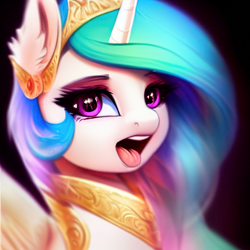 Size: 1024x1024 | Tagged: safe, imported from derpibooru, princess celestia, alicorn, pony, ai content, ai generated, bust, ear fluff, female, generator:stable diffusion, open mouth, solo, tongue out