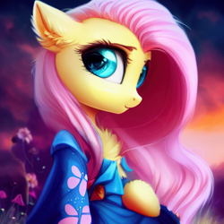 Size: 1024x1024 | Tagged: safe, imported from derpibooru, fluttershy, pegasus, pony, ai content, ai generated, chest fluff, clothes, dress, ear fluff, female, generator:stable diffusion, solo