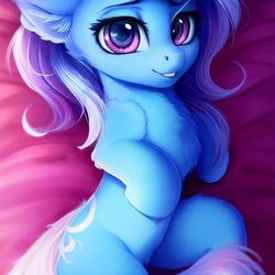 Size: 1024x1024 | Tagged: safe, imported from derpibooru, trixie, pony, unicorn, ai content, ai generated, chest fluff, ear fluff, female, generator:stable diffusion, looking at you, smiling, solo