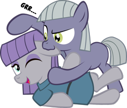 Size: 1000x852 | Tagged: safe, artist:magerblutooth, imported from derpibooru, limestone pie, maud pie, earth pony, pony, biting, clothes, cute, duo, ear bite, growling, limabetes, maudabetes, one eye closed, open mouth, open smile, playing, simple background, smiling, sports, transparent background, when she smiles, wrestling, younger